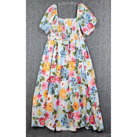 BloomChic Floral Maxi Dress Women Size 18-20 Blue Smocked Square Neck Pockets - Picture 2 of 10